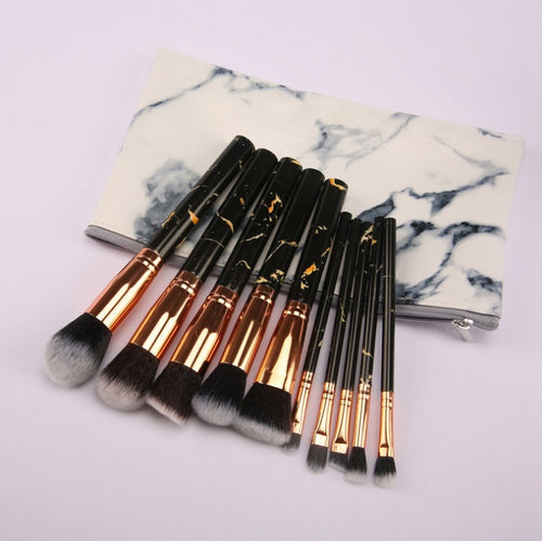 10-Piece Marble Style Makeup Brush Set – Portable Beauty Tool Kit - glammyverse