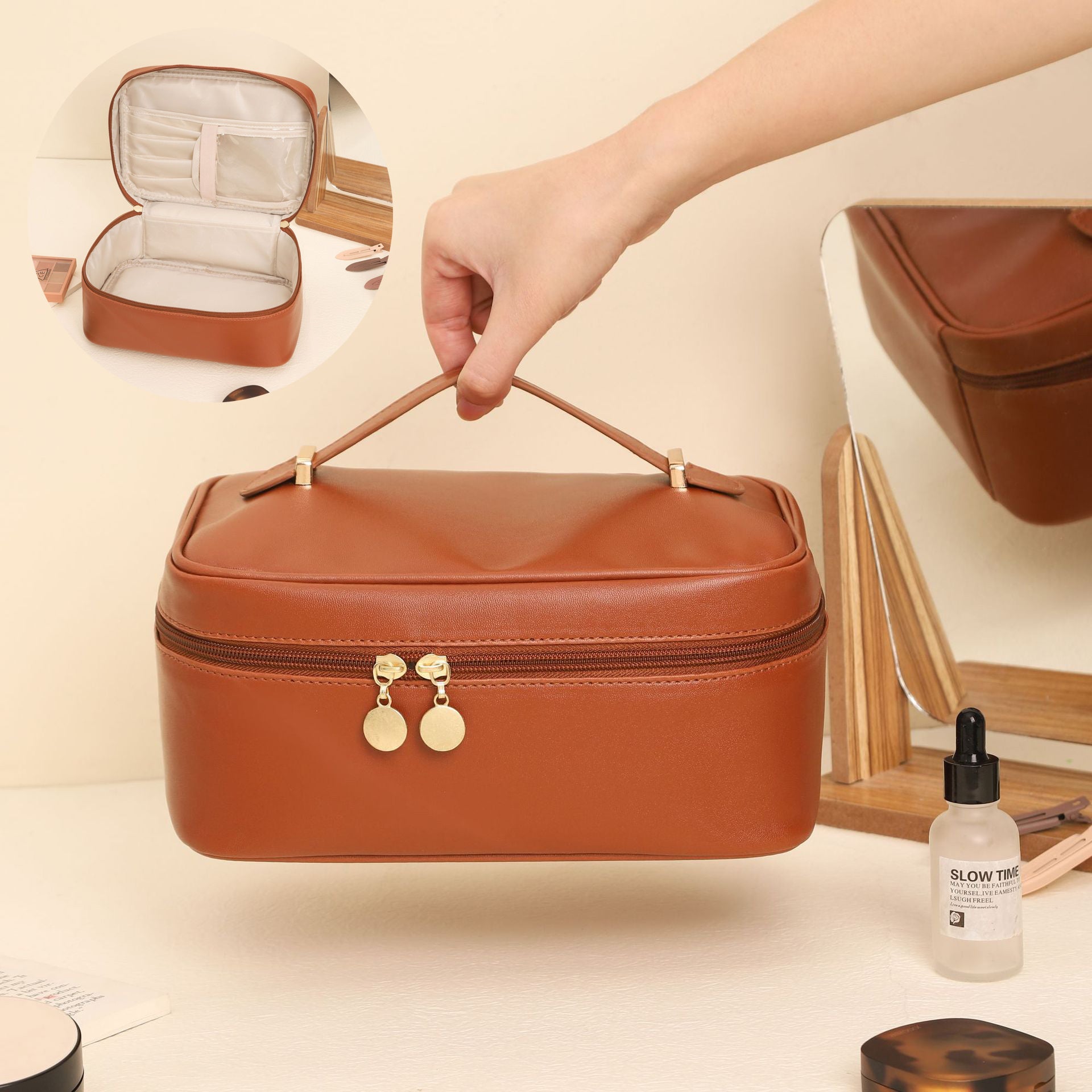Urban Simple Cosmetic Bag – High-Capacity PU Leather Toiletry Bag - glammyverse